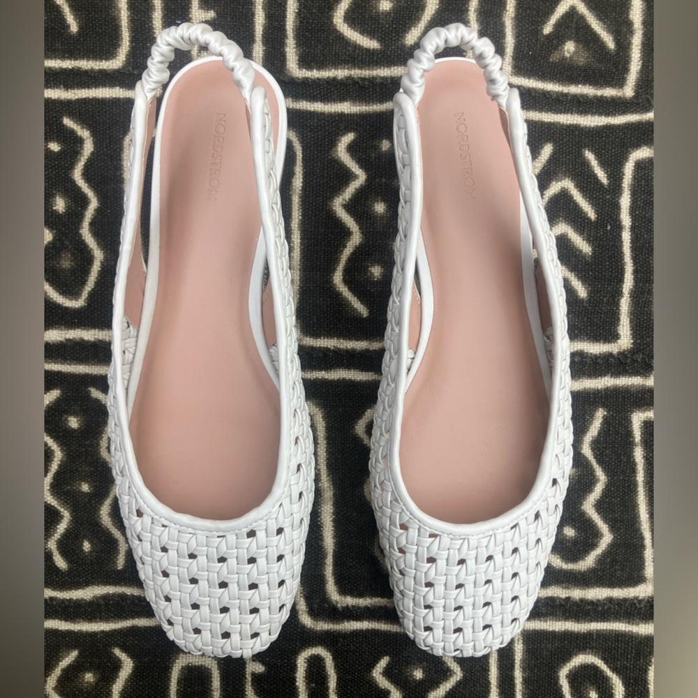 ARABELLA Ivory Shell Woven Slingback Flat by NORDSTROM 10M PU Leather *NEW*
